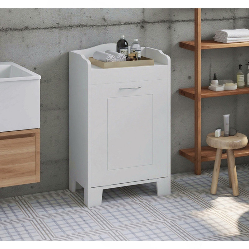 Armoire de rangement autoportante pour salle de bain avec panier à linge coulissant, rangement compact et durable