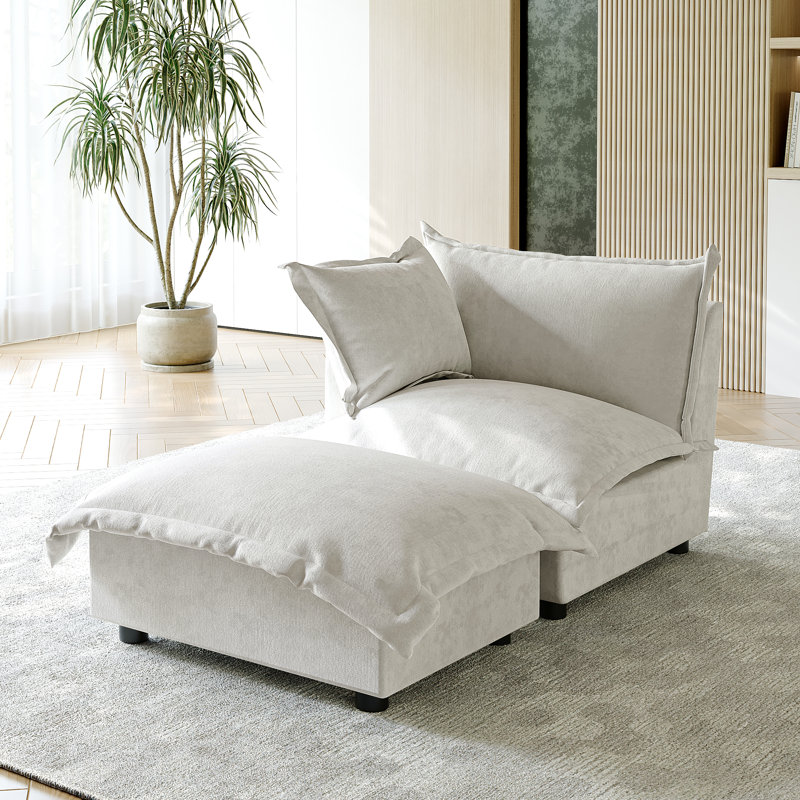 Upholstered Armchair with Footstool, Beige