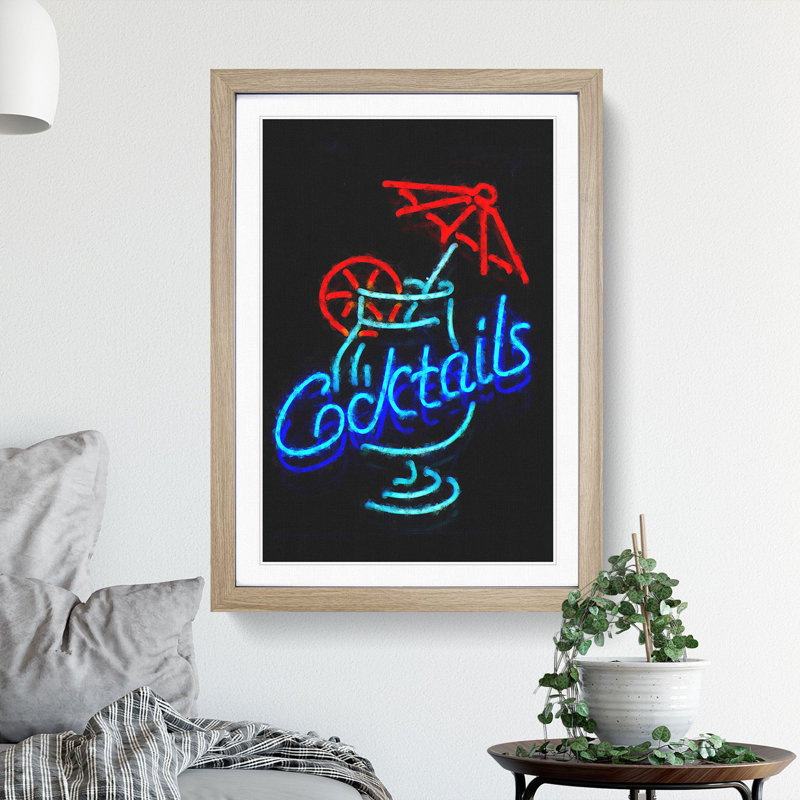 Cocktails Sign - Picture Frame Graphic Art, 65cm H x 48cm W x 2cm D, Oak Framed