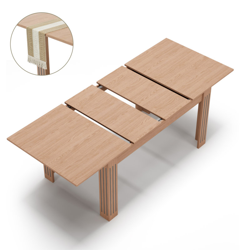 54-84" Extendable Rectangular Dining Table for 4-8 People, Wood Kitchen Table, Includes Table Runner- Natural, Natural