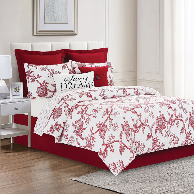 Ensemble de courtepointe réversible en coton rouge / blanc, Courtepointe très grand + 2 taies décoratives tr