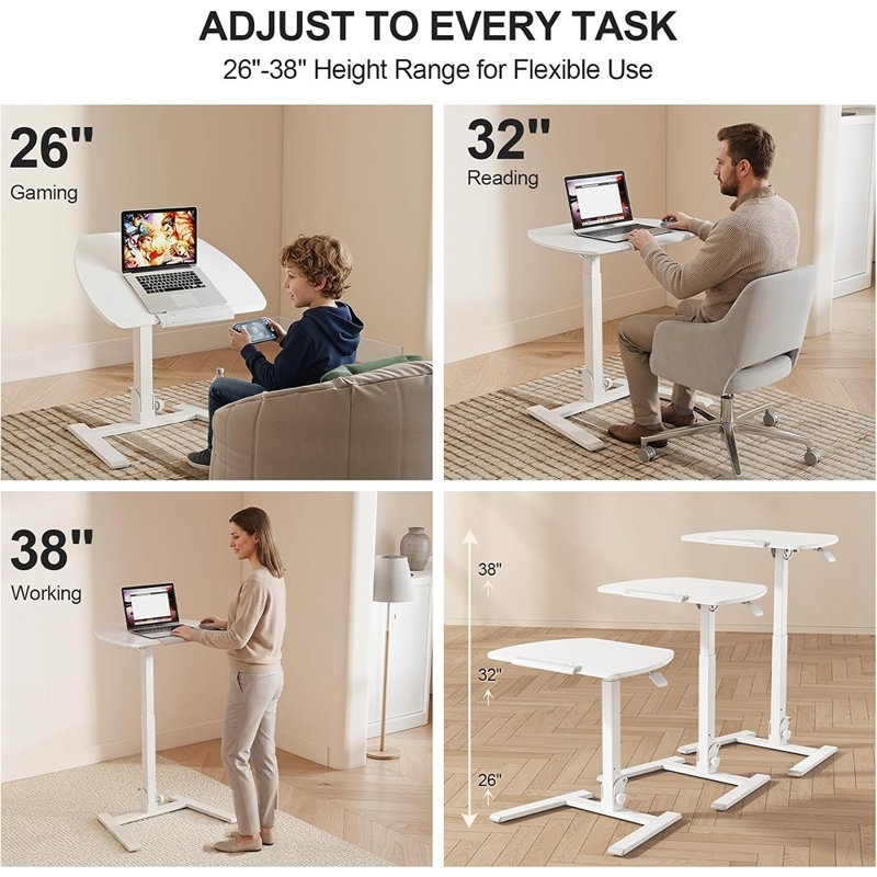 Bureau pliable assis-debout à roulettes avec hauteur réglable, plateau inclinable et roulettes dissimulées