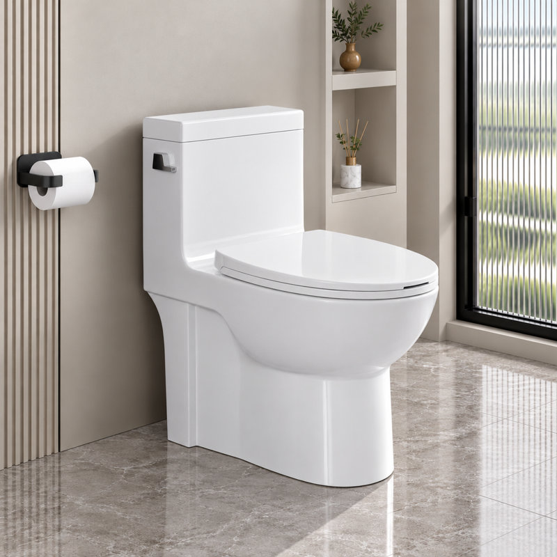 Toilette allongée une pièce ABRUZZO à fermeture en douceur 1,28 GPF avec hauteur confortable de 17 po ADA, chasse Vortex, siège à dégagement rapide, standard 12 po, blanc brillant