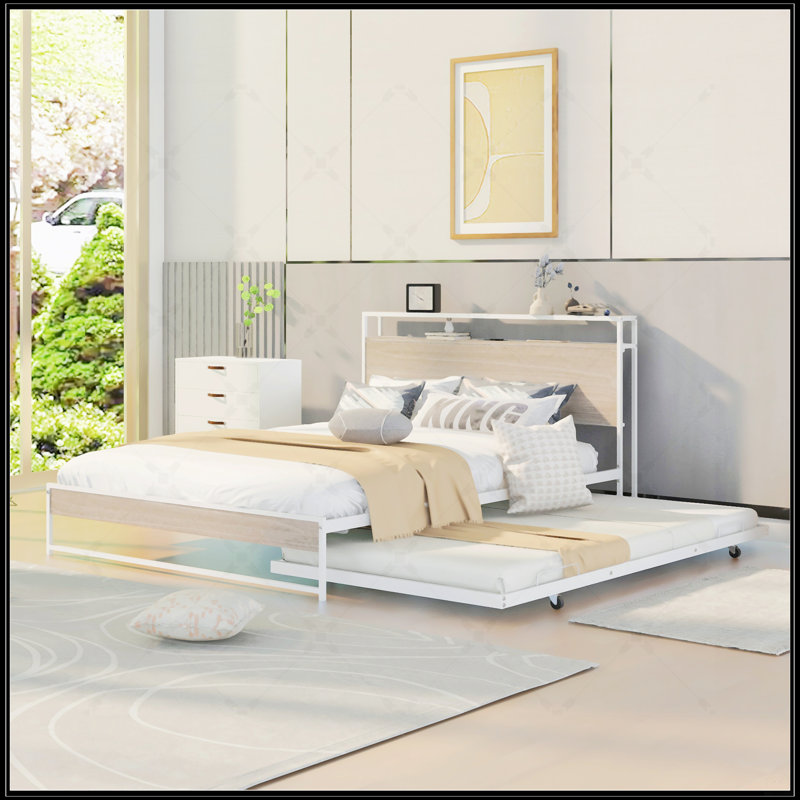 Structure de lit plateforme avec lit gigogne, Blanc, Grand lit