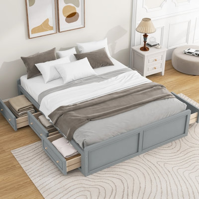 Structure de lit plateforme en bois avec 6 tiroirs, gris