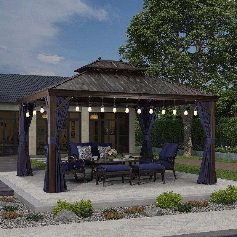 Pavillon de jardin avec toit rigide en aluminium mauve avec lumières de 48 pi, 14 pi x 12 pi