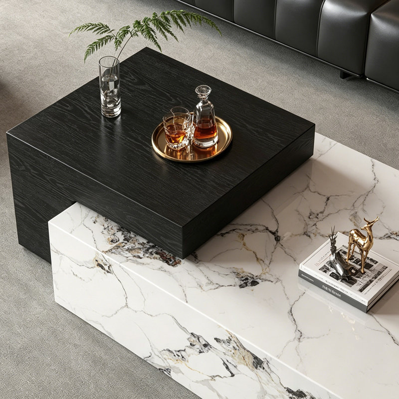 Ensemble de tables basses rectangulaires haut de gamme, 11.02" H x 47.24" L x 25.59" W, Black/White/Gray