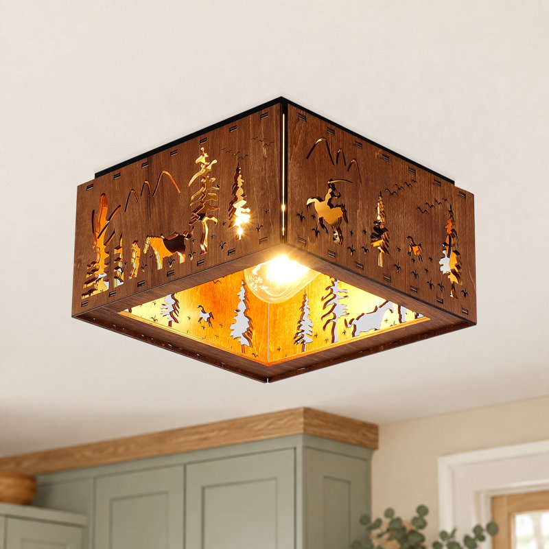 Plafonnier rustique en bois à 2 lumières avec découpes décoratives
