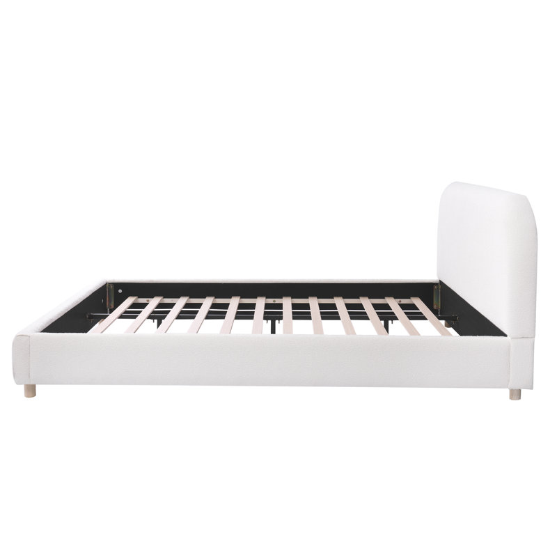 Liz Upholstered Bed With Curved Headboard & Wooden Frame, Queen, White Boucle 1