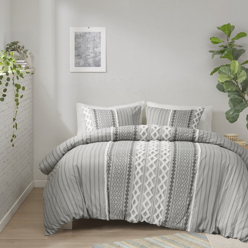 Gray Full Cotton Reversible Comforter Set with Chenille