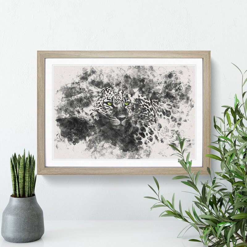 Leopard with Green Eyes High - Picture Frame Painting Print, 24cm H x 33cm W x 2cm D, Oak Framed