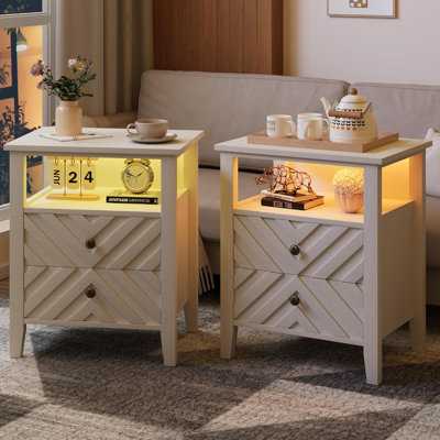 2PCS LED Night Stand with 2 Storage Drawers and Stable Wooden Legs,Farmhouse Nightstand w/V-Shaped Design & Open Storage Shelf,Wooden Rustic Bedside Table for Bedroom Living Room