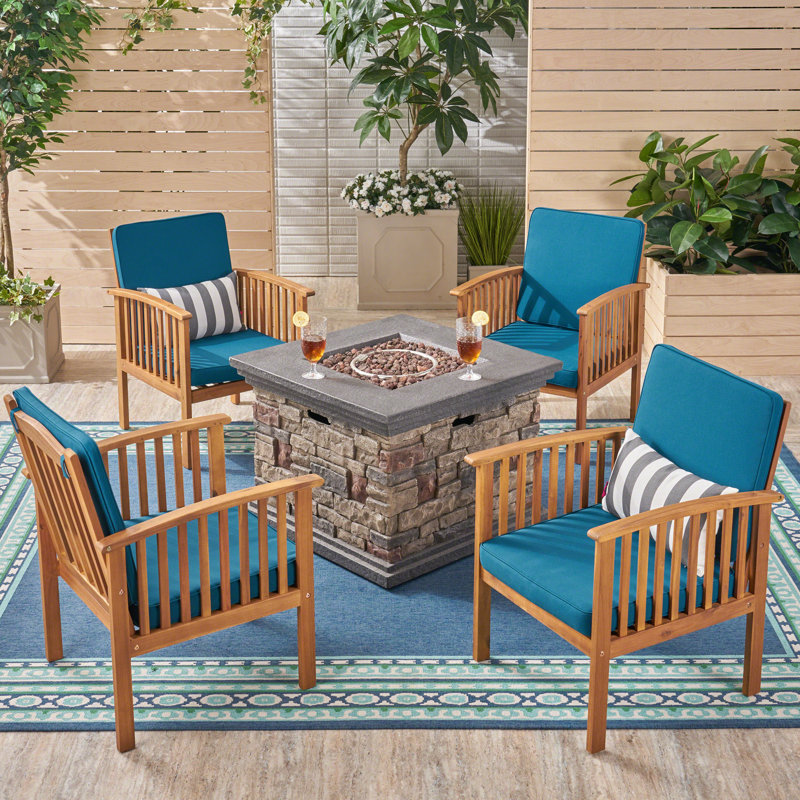 Brnadon Acacia 4 - Person Patio Conversation Set with Cushions, Brown Patina Frame / Dark Teal Cushion