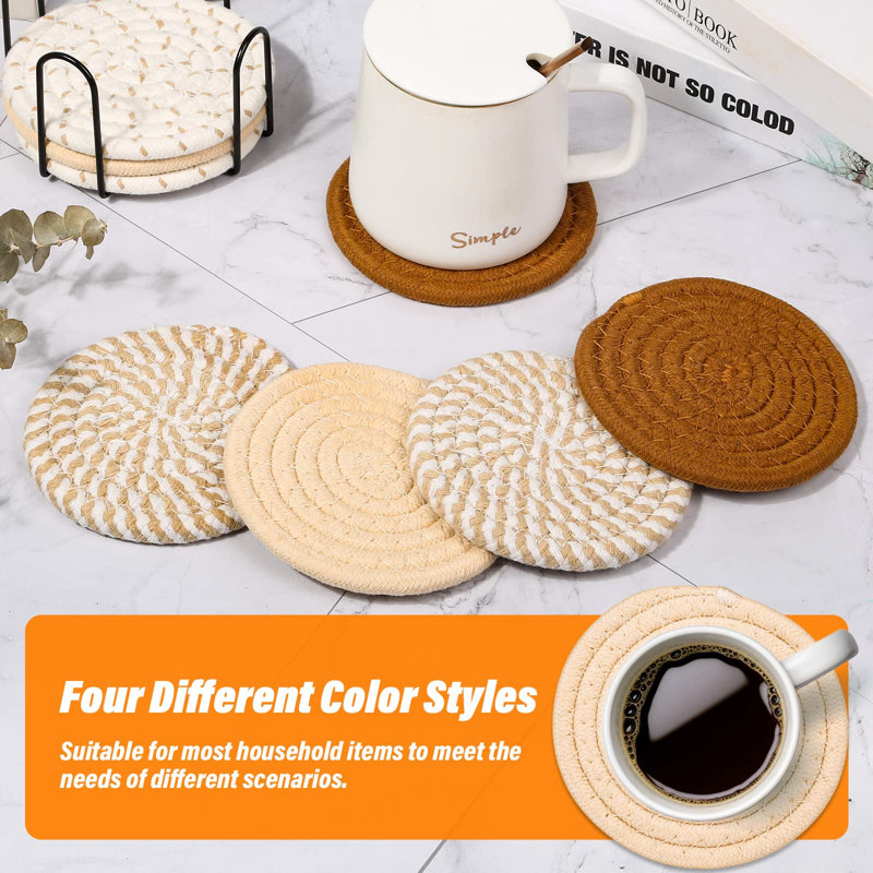 Round 8 Piece Coaster Set With Holder, Brown