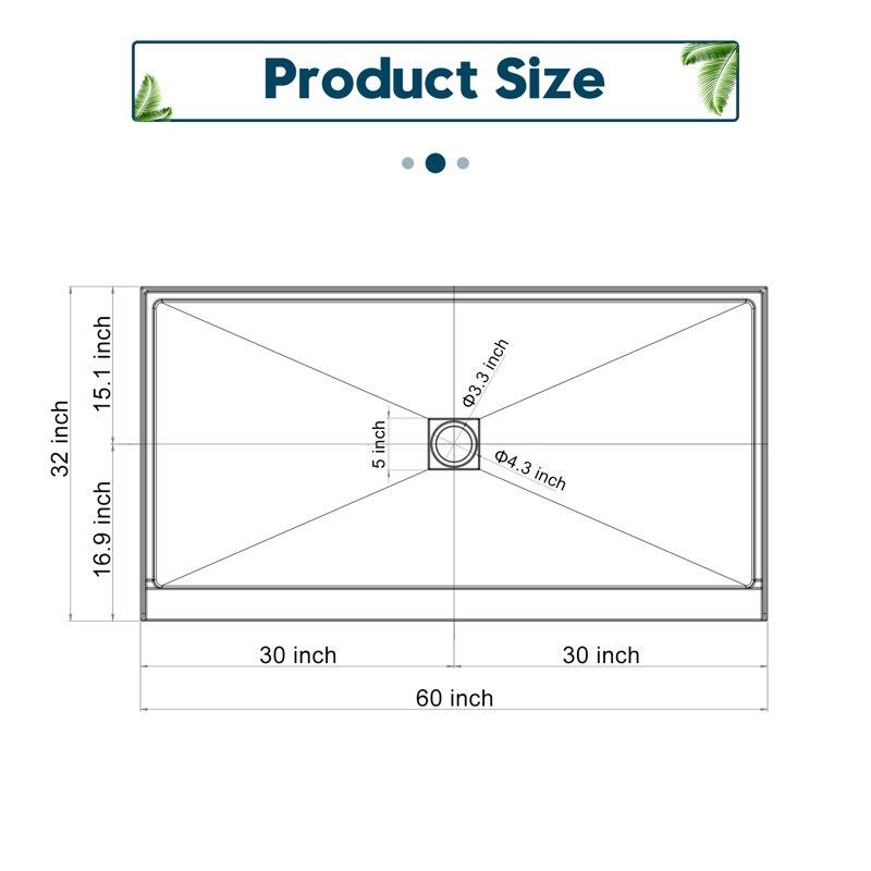 Elegant 60" W x 32" D x 4" H Shower Base with Single Threshold Anti-Slip Acrylic Shower Pan White, Center