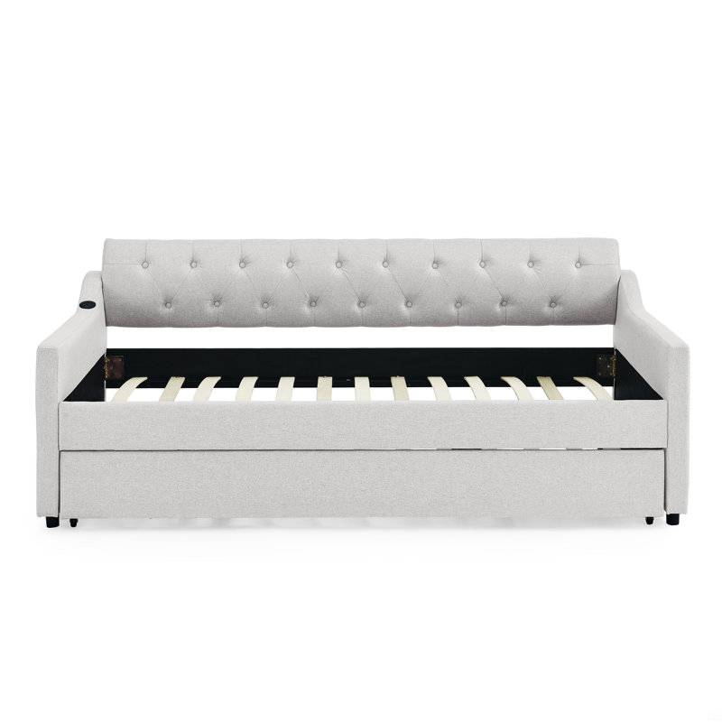 Upholstery DayBed with Erectable Trundle and USB Charging Design, Beige, Twin