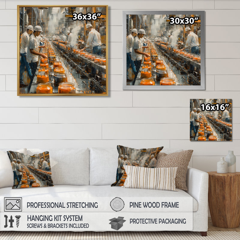 Orange blanc, ligne d'assemblage, usines I - usines, art mural, Toile avec cadre flottant noir, H 36 po x l 36 po x P 1,5 po