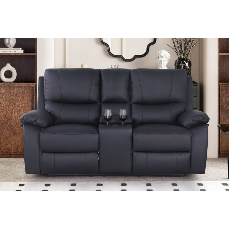 Ahnaleigh 71.65'' Genuine Leather Pillow Top Arm Reclining Loveseat, Black Genuine Leather