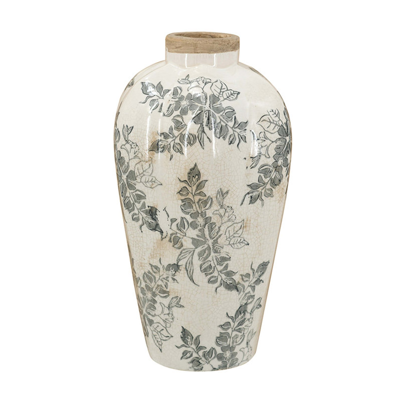 White Ceramic Accent Vase With Gray Floral Design, 11.6" H x 6.7" W x 6.7" D