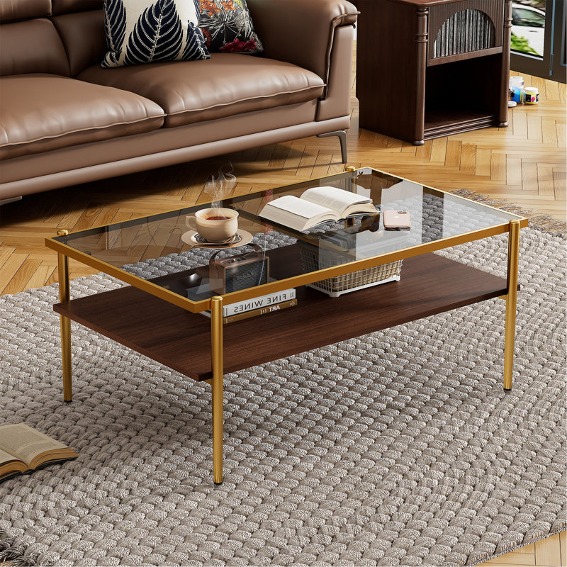 Table basse rectangulaire avec plateau en verre trempé gris et pieds dorés, table moderne pour le salon, Doré