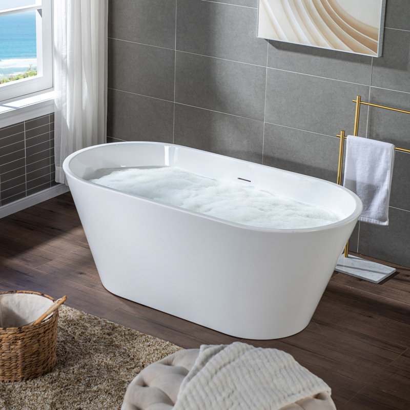 Baignoire de trempage autoportante contemporaine avec drain noir mat 59 x 29,5 x 22,9 po WOODBRIDGE, blanc