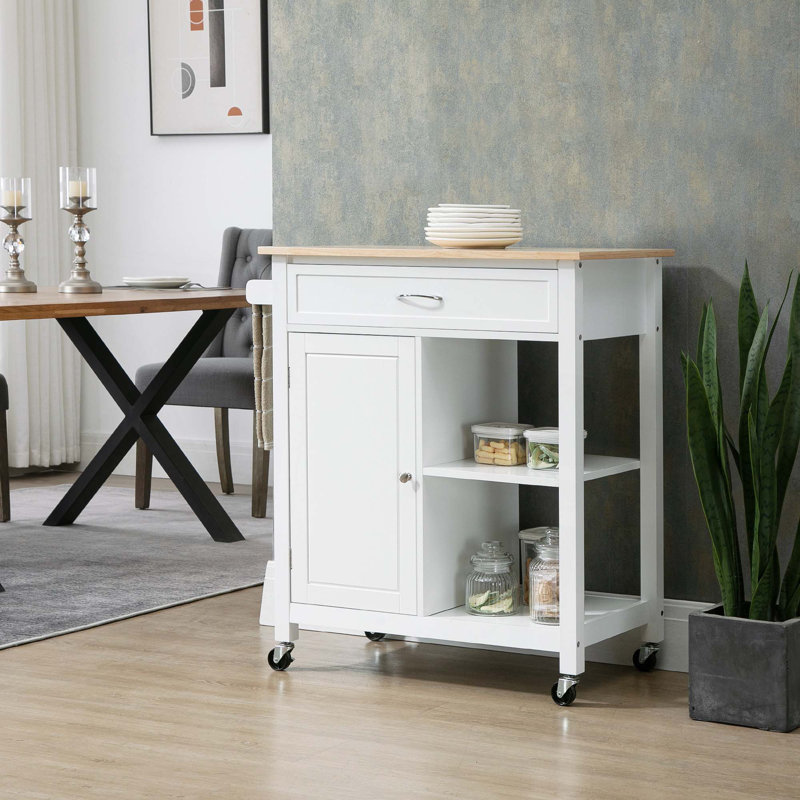 Chariot pour îlot de cuisine, îlot de cuisine roulant avec rangement, plateau, tiroir, pour la salle à manger, Blanc