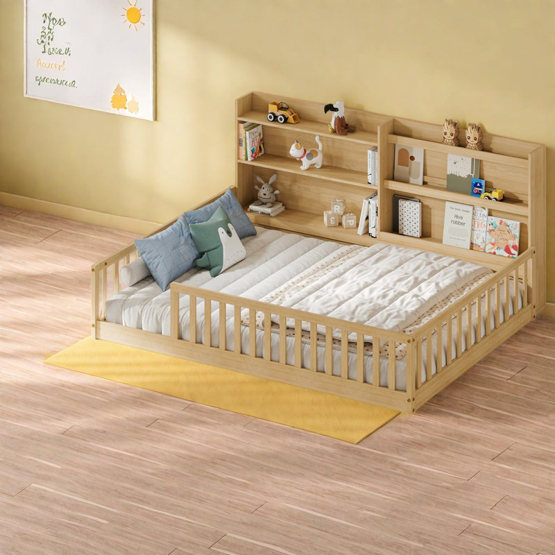 Lit double avec rangement, lit Montessori en pin massif, chambre moderne, Tanné