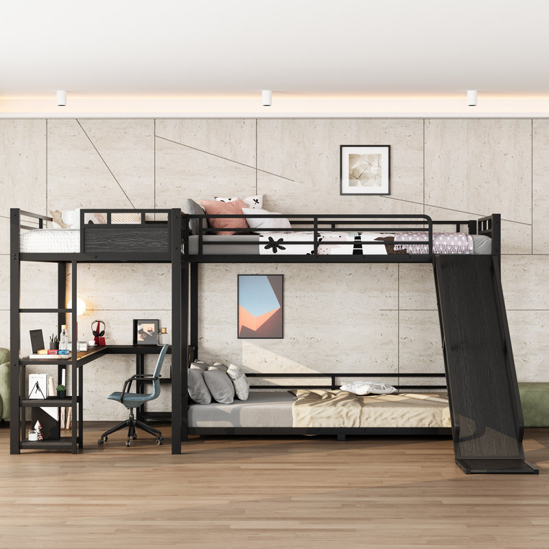 Lit superposé triple en L en forme de L avec mezzanine, bureau, tablettes de rangement et glissière, peu encombrant, noir