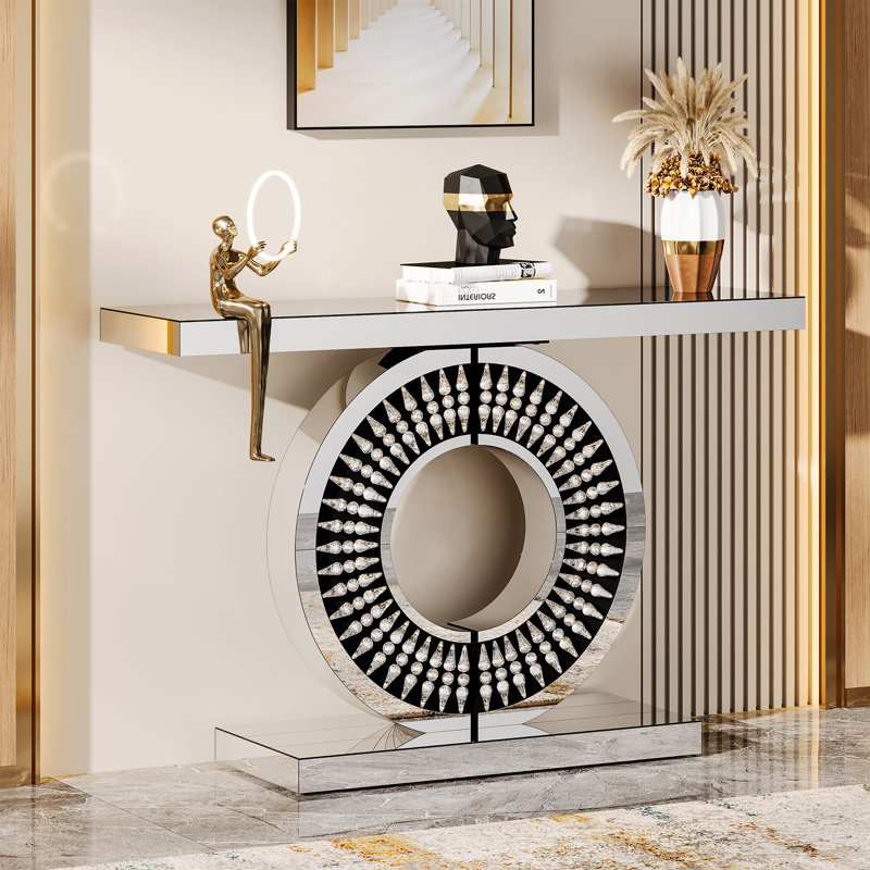 Console de 43,3 pouces avec miroir, table d'entrée moderne avec plateau de table à finition miroir épaissie