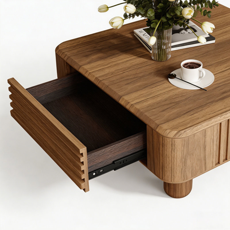 Table basse carrée 35,43 po avec 2 grands tiroirs de rangement, centre de table en grain de bois naturel avec design cannelé pour le salon
