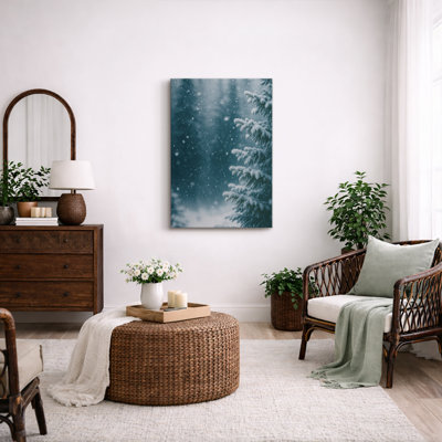 Snowy Evergreen Branches in Winter Forest Atmosphere - Pictures Framed Canvas Print Wall Art