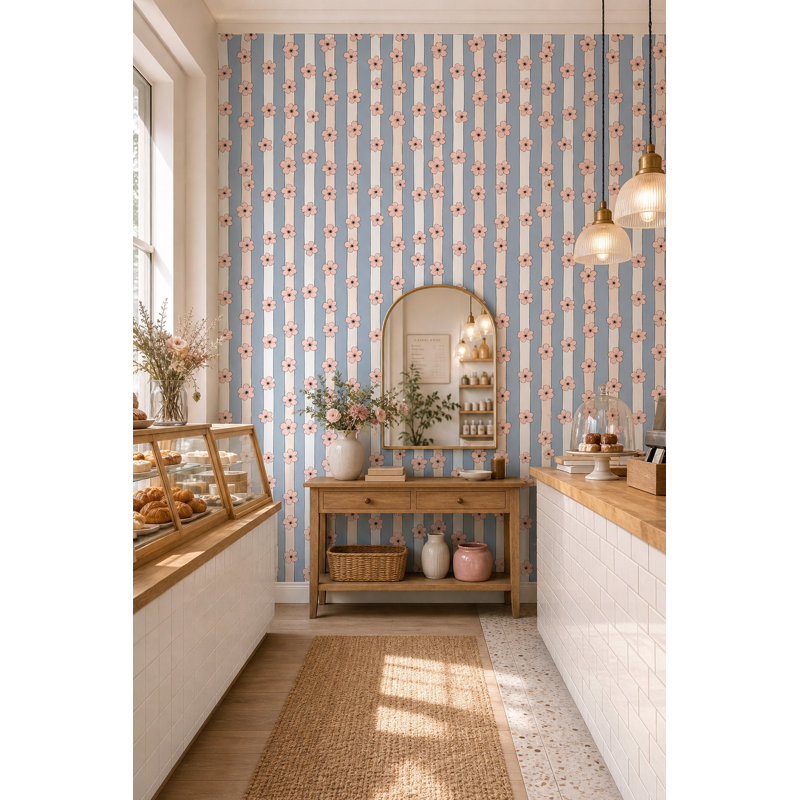Double rouleau de papier peint amovible bleu pastel Peach Pink Blossoms, Peler et coller