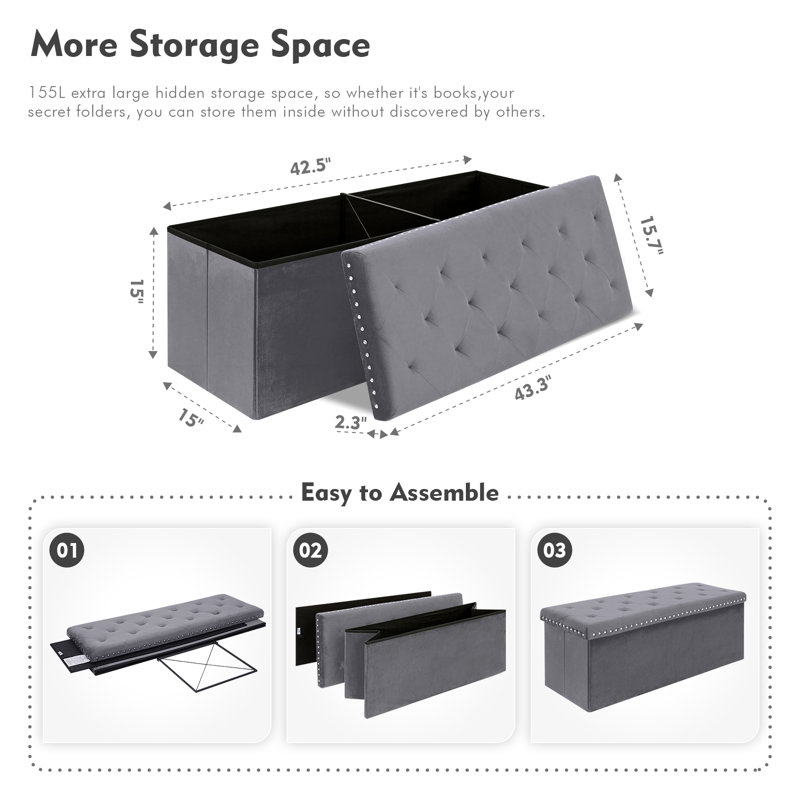 Banc de rangement avec repose-pieds Melchora, repose-pieds pliant avec rangement, coffre à jouets et repose-pieds, Gray