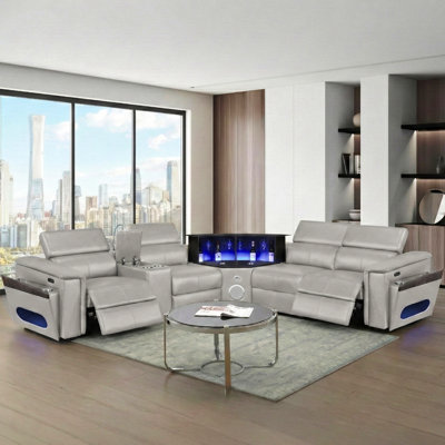 Canapé modulaire contemporain avec 2 réglages de puissance, appuis-tête réglables, charge sans fil, haut-parleur, barre à DEL, rangement et console optionnelle en quatre choix de couleurs