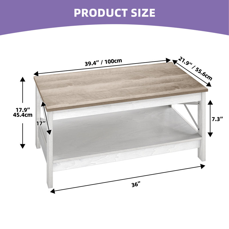 Table basse simple de 39,3 po de largeur avec tablette inférieure et support en X, Blanc, Bois jaune moyen