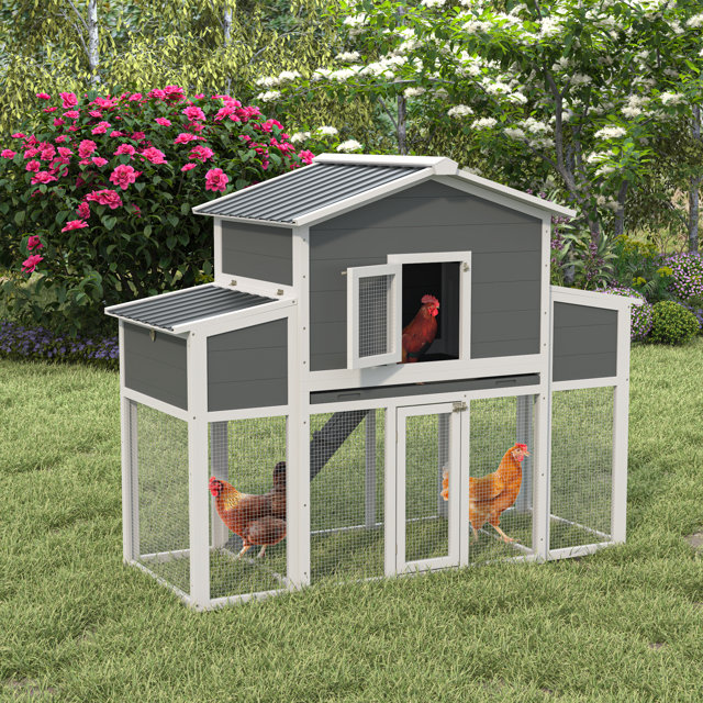 An outdoor chicken coop in a grassy backyard.