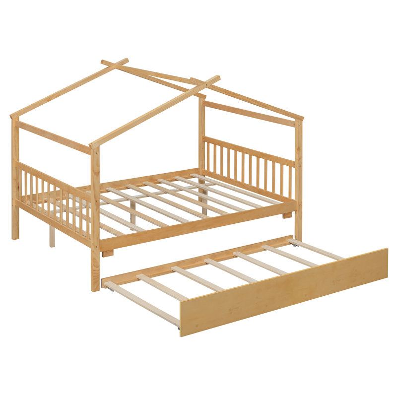 Wooden House Bed With  Trundle, Natural