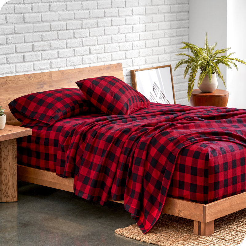 Ensemble de literie en flanelle 100 % coton, Ensemble de draps pour lit simple TG avec 1 taie d, Red/Black Buffalo Plaid