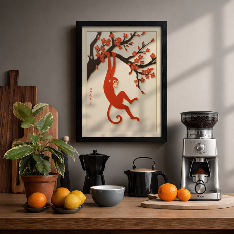 Playful Monkey in Blossom Japandi - Framed Print, A1 - 84.1 x 59.4 cm, Black