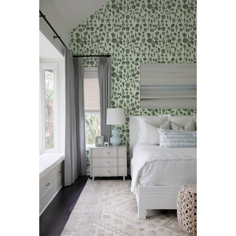 Lowcountry Love Shells Marsh Breeze Wallpaper by Megan Molten, Green, Faux Grasscloth