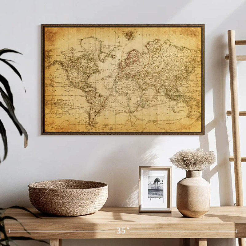 Carte du monde de l'Ancien siècle, 25 po x 17 po, Cadre flottant en noyer