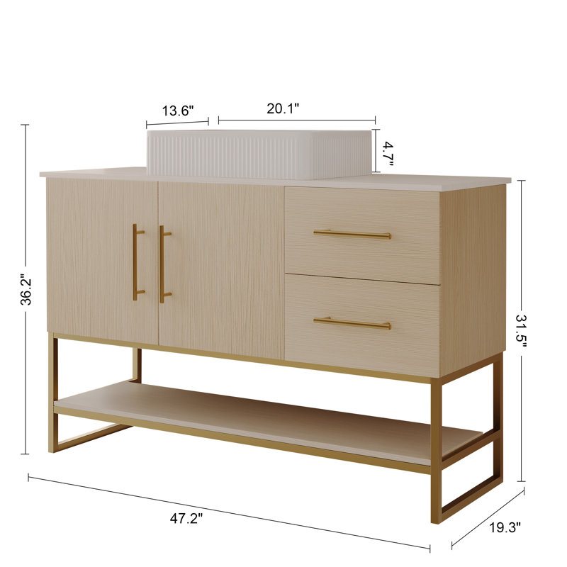 Ensemble de meuble-lavabo sur pied 47,2 "avec lavabo vasque en céramique, meuble-lavabo simple moderne avec structure en acier inoxydable doré et tiroirs de rangement,