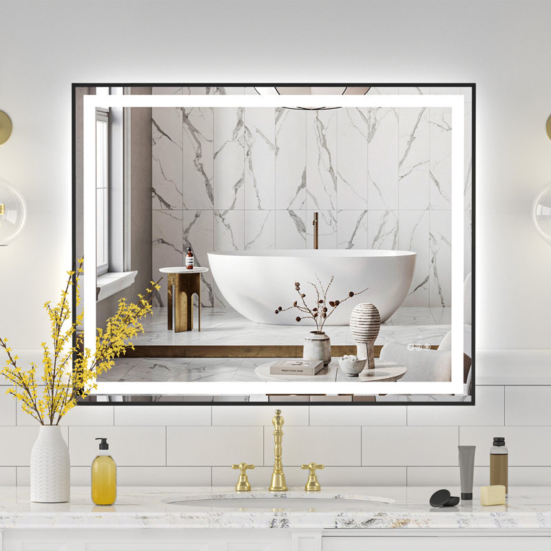 Miroir 24 po x 36 po en verre trempé noir avec deux bandes à DEL, éclairage avant et arrière, trois températures de couleur réglables, gradation de scintillement, fonction de brouillard, montage horizontal / vertical, pilote Ul 12V