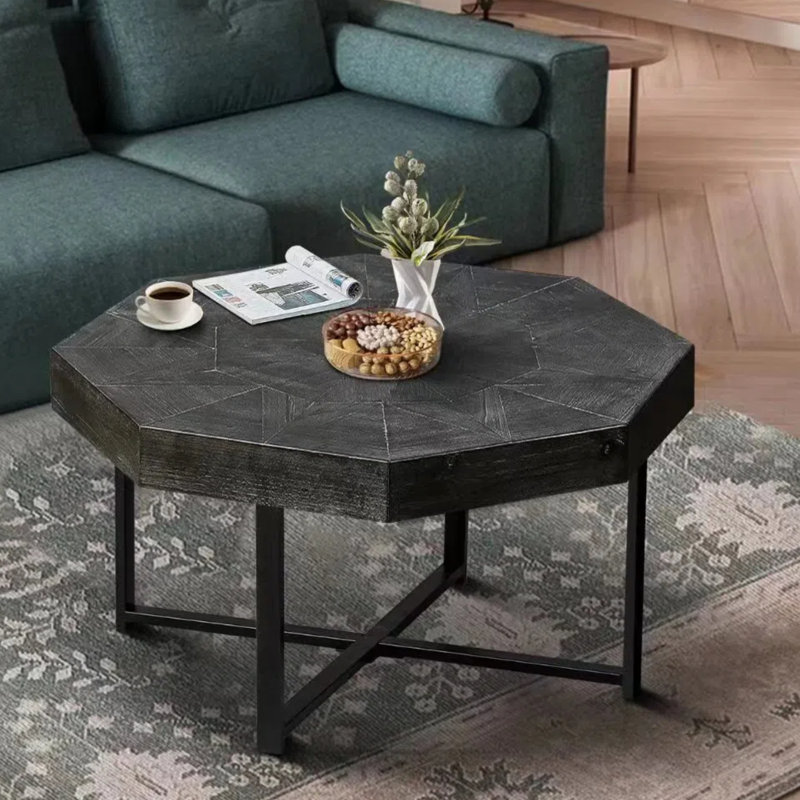 Table basse en bois octogonale rétro avec patchwork artisanal 30 pouces, Noir antique