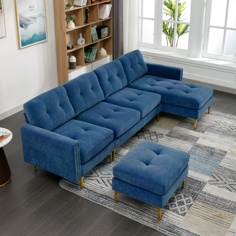 110" L-Shape Convertible Sectional Sofa Couch With Movable Ottoman, Blue Velvet