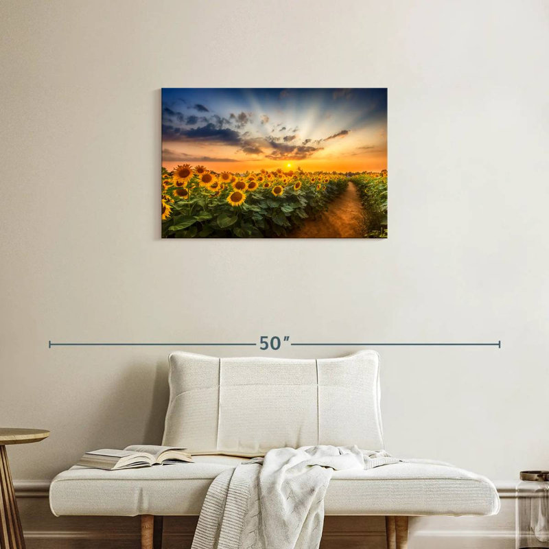 Alvord, champ de tournesols au coucher du soleil, chemin secret, H 20 po x l 30 po
