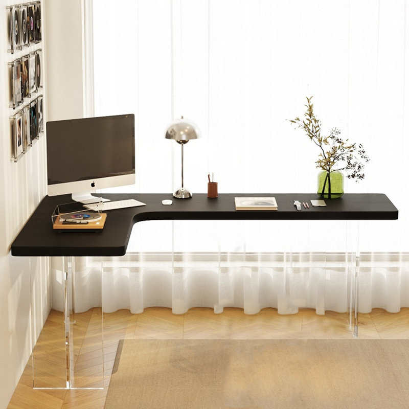 Black Solid Wood L-Shaped Desk with Acrylic Legs, 29.53" H x 62.99" W x 47.24" D 