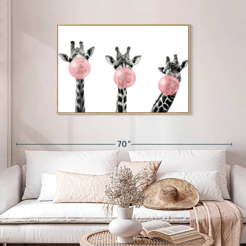 Three Bubble Gum Giraffes, Floating Frame Natural Wood, 43" X 29"
