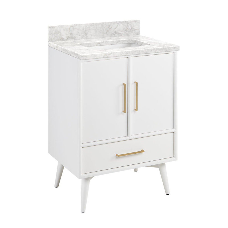 24" Novak Single Bathroom Vanity Set with Rectangular Undermount Sink, Carrara Marble, No Faucet Hole, White