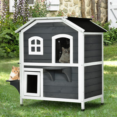 Maison pour chat d'extérieur à 2 étages - Enclos en bois. Porte de secours, toit ouvrable, plateformes de saut pour chats. Gris. Pour les chats, environ 10 livres, boîtier pour chats, gris